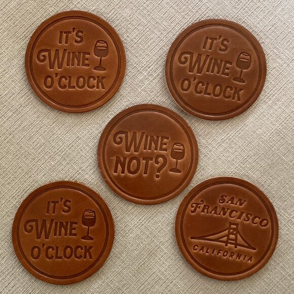Leather Coasters - 5 Coasters with 3 Different Messages - Wine - New with Tags - Picture 1 of 7